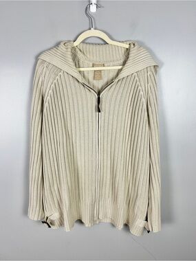 COTTON GINNY Ribbed Cotton Knit Zip Sweater XL Beige Chunky Coastal Relaxed 90s